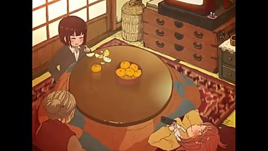 Two lesbian anime girls rub each other under table