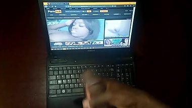 Jerking off to step mom's lesbian sex