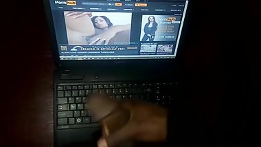 Solo male BBC jerking off to step mom's threesome porn video