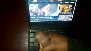 Jerking off to my step sister's threesome sex video