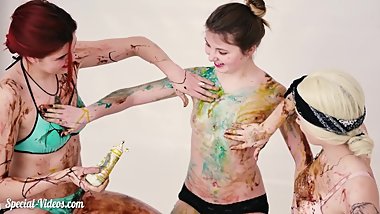 3 Girls Play with Color Syrups (Messy Paint Fetish) - Trailer
