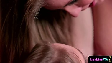 Hugetits queening lesbo seduces cute babe