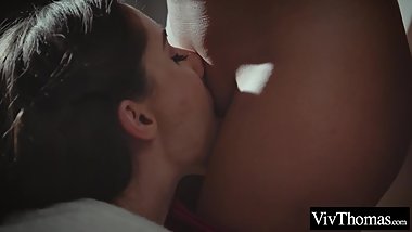 Lesbian brunettes explore each others shaved pussies