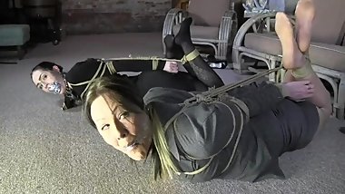 amanda and friend clear tape and mouth stuffing gagged hogtied pt2