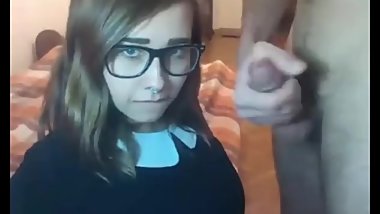 Nerdy girl giving blowjob on cam