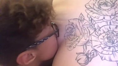 Lesbian kneeling eating pussy POV