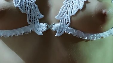 Lesbian with elegant lingerie blindfold tease