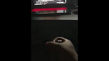 Solo male Jerks off while watch lesbian strap on porn