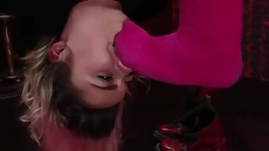 Suspended slavegirl made to sniff socks