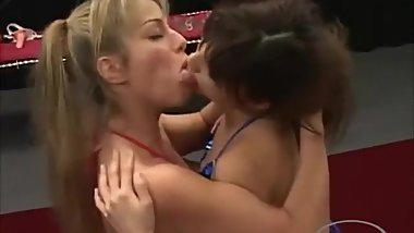 Beauty japanese girl VS Blonde brasilian girl: passionate tongue fight kiss