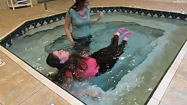 Clothed Lesbians in Indoor Pool