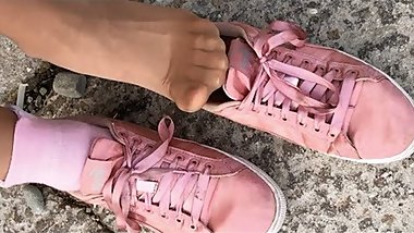 Hot cute pink sneakers and socks foot fetish