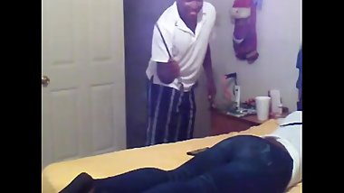 Larry gives Leonuna a flogging on her jeans for skipping school